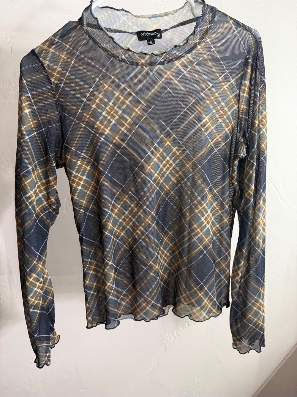 Plaid Long-Sleeve Mesh Top - Blue/Tan